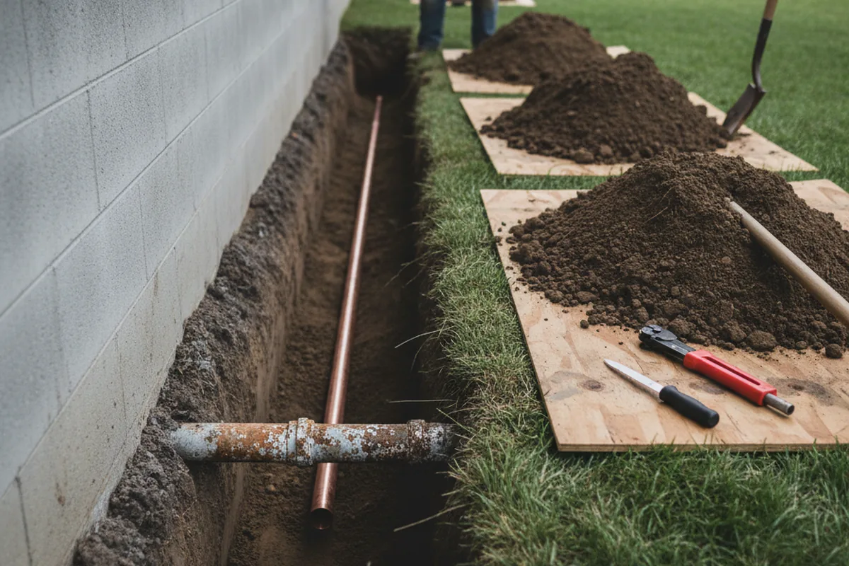 Excavated water line trench during Sewer Line Repair in Newton